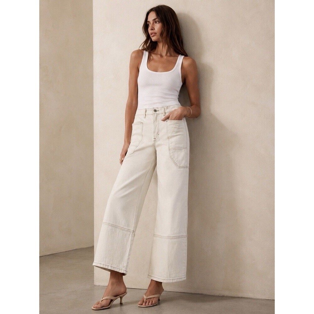 Kensie The Carla High Rise Wide Leg Crop Jeans Size 6/28 Cream Utility Pocket